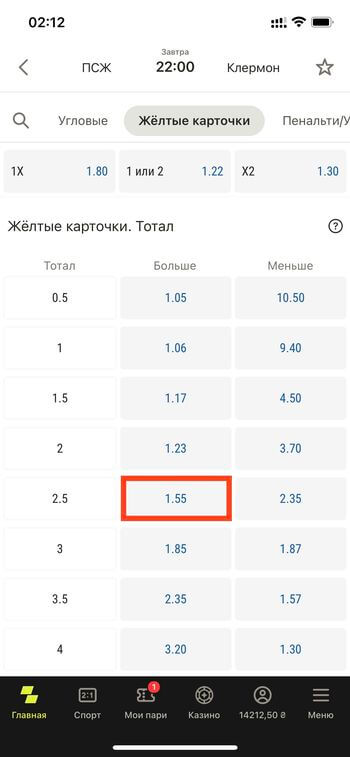 тотал 2.5 больше по желтым карточкам