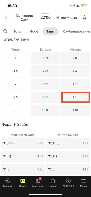 тотал меньше 2.5 голов в первом тайме