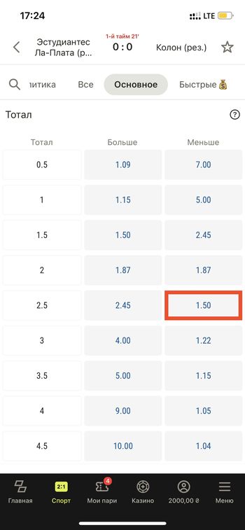 ставки на тотал меньше 2.5 в лайве